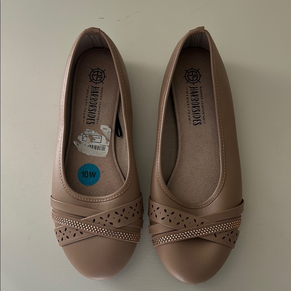 Harborsides Memory Foam Cream Perforated & Bejeweled Ballet Flats